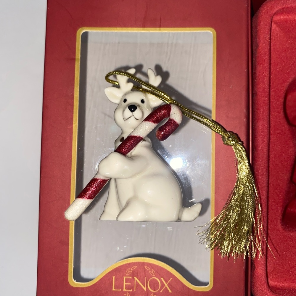 Lenox Vintage Porcelain Reindeer Holding Candy Cane Christmas Ornament 3"